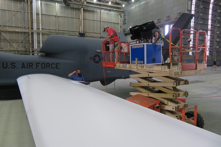 U.S. Air Force aircraft wing inspection.