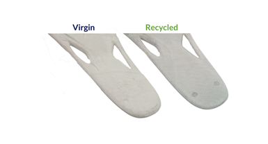 Bicycle shoe sole with virgin HealTech glass fiber prepregs versus recycled.