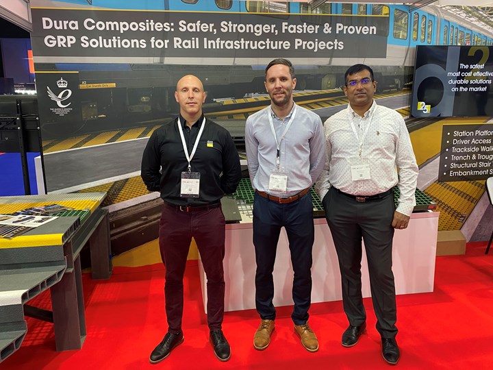 Jonathan Howard of Dura Composites with James Beale and Anand Raghavan of The Invicta Group at Middle East Rail 2022.
