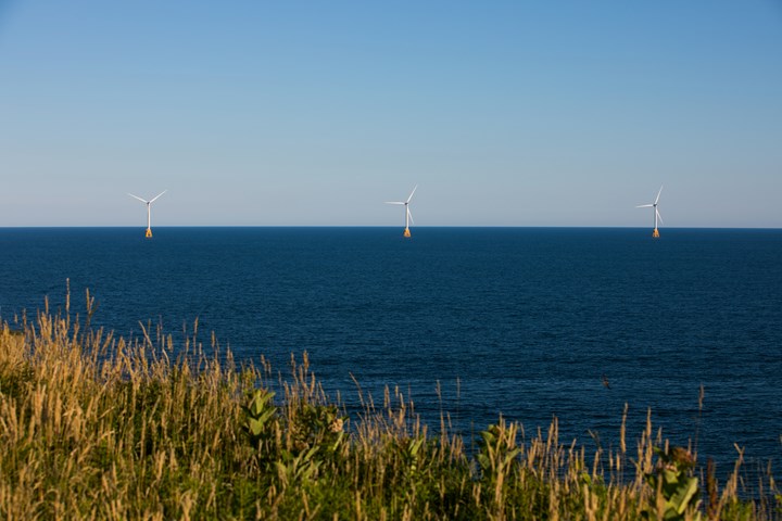 Wind turbines stand off the shores of Block Island, Rhode Island.