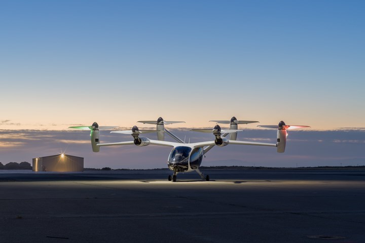 Joby’s eVTOL aircraft primed for flight at the company’s manufacturing and flight testing facility in Marina.