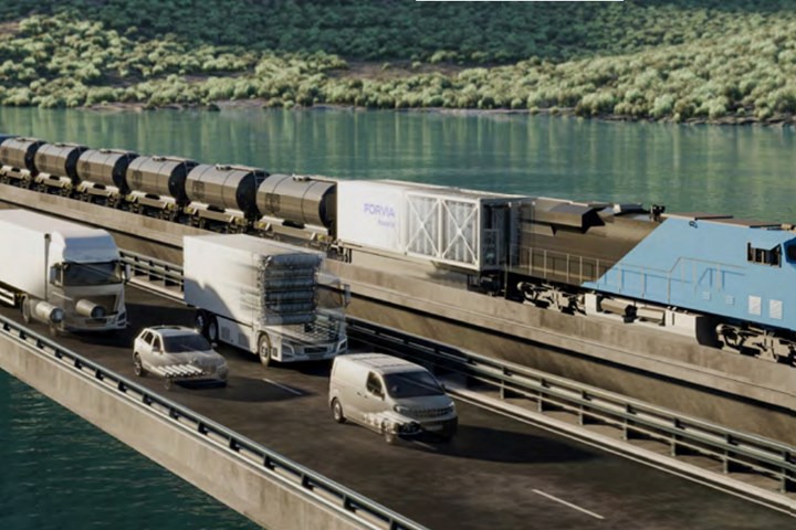 rendering of cars, trucks and railcars with hydrogen storage tanks