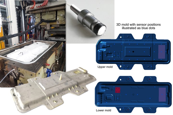 CosiMo project RTM press, ultrasonic sensor, mold halves and demo part