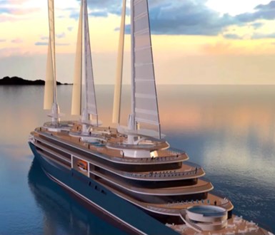 rendering of SilensSeas 200-meter cruise ship with CFRP Solid Sail system