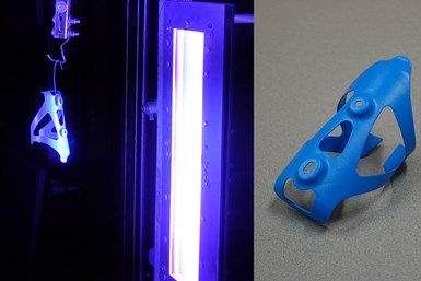 split image: left half is photo of coated part going through UV light on a part rack; right side is the finished part with a blue coating