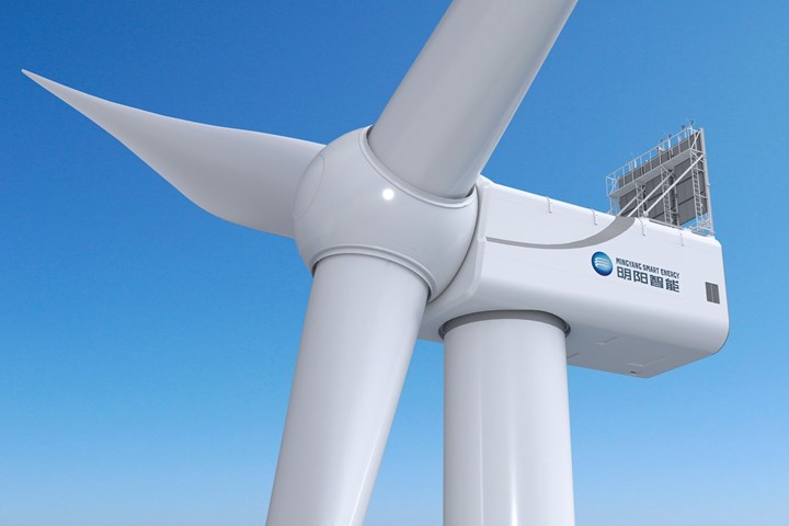 Closeup of MySE18.X-28X offshore wind turbine by Mingyang.