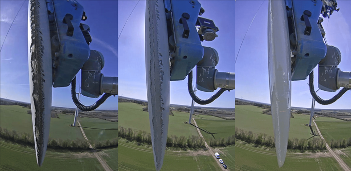 Before and after shots of a robot cleaning a wind blade.