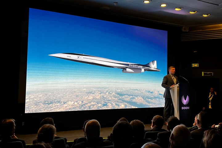 Blake Scholl of Boom Supersonic on stage at the Paris Air Show press conference.