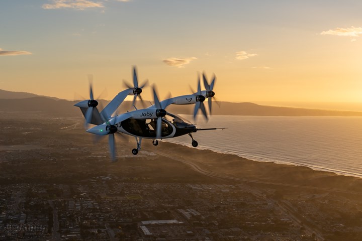 Joby eVTOL in flight with a sunset backdrop.