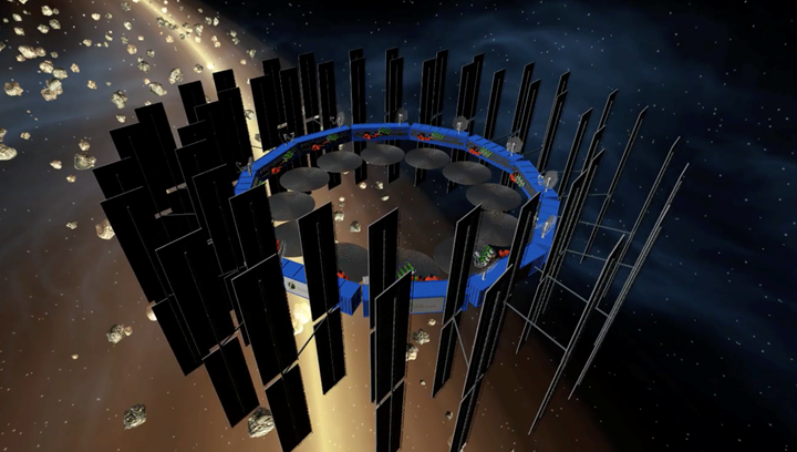 rendering of antenna structures being manufactured in space