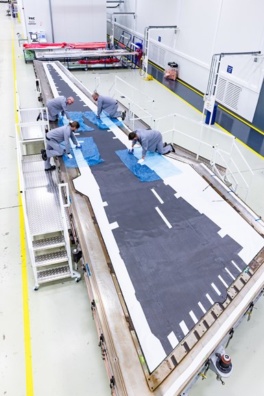 layup of a composite A220 wingskin at SPirit Aerosystems belfast