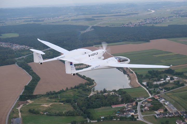 H2Fly HY4 electric demonstrator aircraft flying above Maribor, Slovenia. 