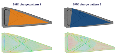 SMC charge patterns and resulting fiber orientation within wing rib part