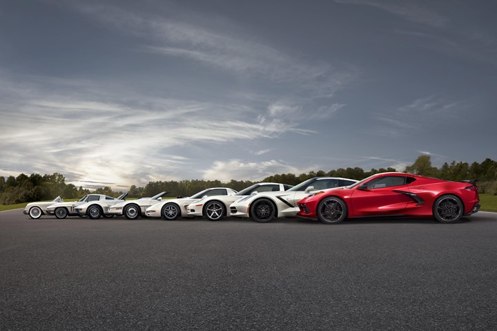 Eight generations of the composite-bodied Chevrolet Corvette sports car/