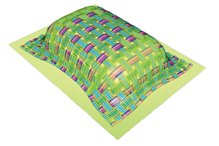digital render of a fiber weave draped over a rounded box, using green, blue and purple colors for the different directions of the fibers