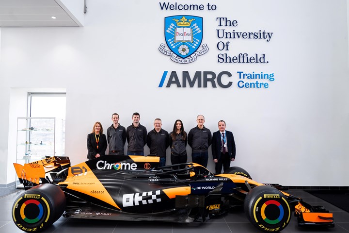 Students in front of a McLaren race car.