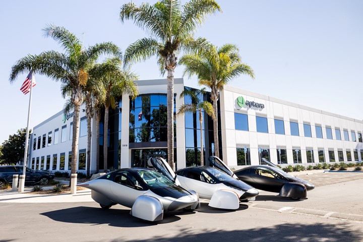 BinC solar-powered vehicles backed by Aptera headquarters.