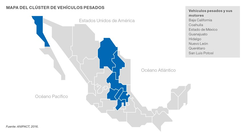 Mapa del clúster de vehículos pesados en México.