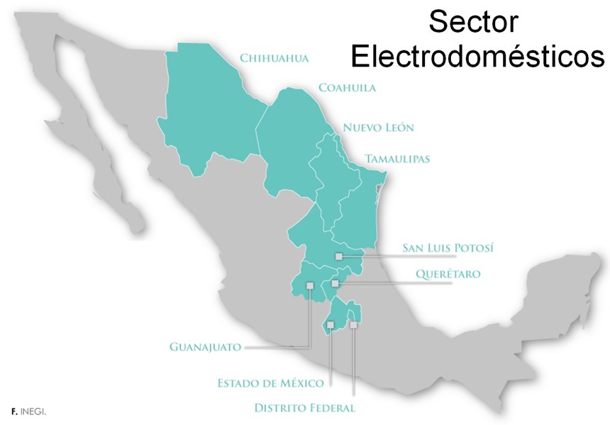 Mapa de producción sector de electrodomésticos en México.