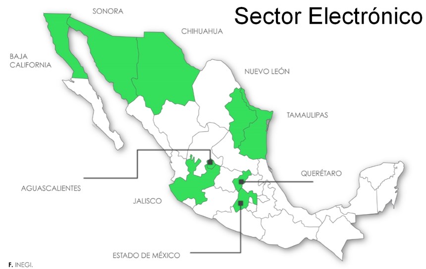Mapa de producción sector electrónico en México.