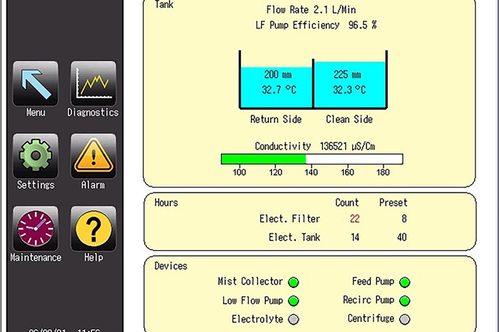 La pantalla de la HMI muestra los datos sobre el estado del electrolito y el nivel de llenado registrados por los sensores mejorados del depósito actualizado.