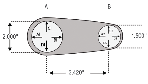 La distancia entre los centros de los orificios se puede calcular utilizando los mismos datos de medición.