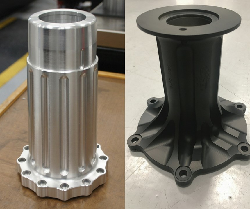 Esta caja de rodamiento de un supercargador (izquierda) y la extensión de la bomba de combustible ejemplifican la clase de partes producidas en la torno-fresadora de la foto anterior.