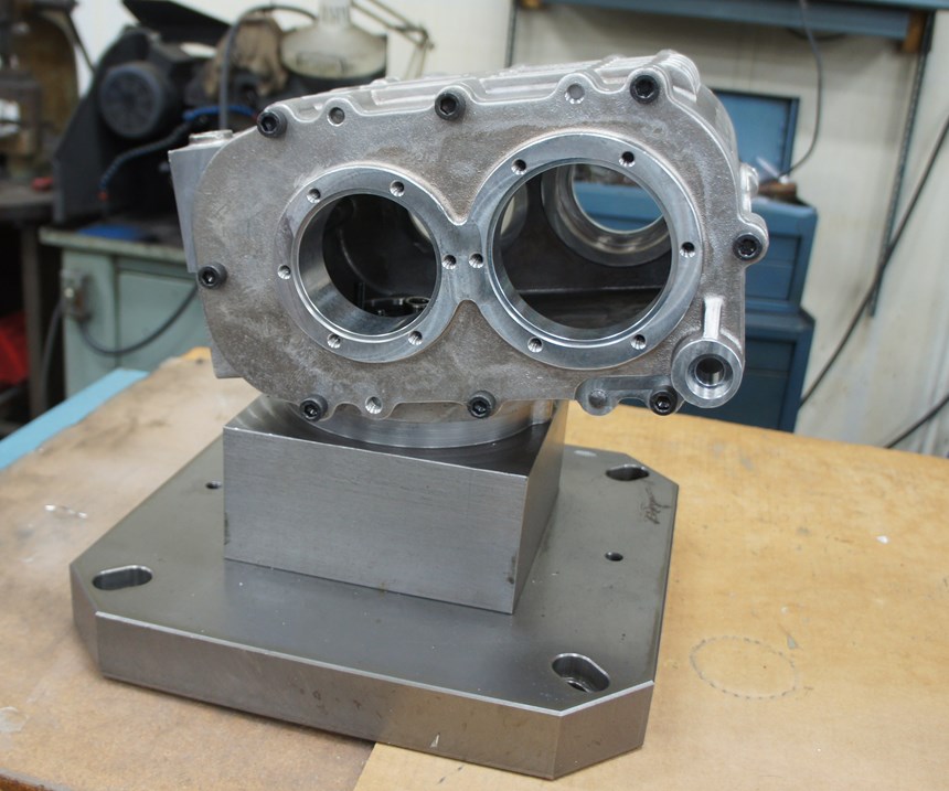 A component is assembled before finish-machining and mounted on an adjustable inner-diameter clamp. 