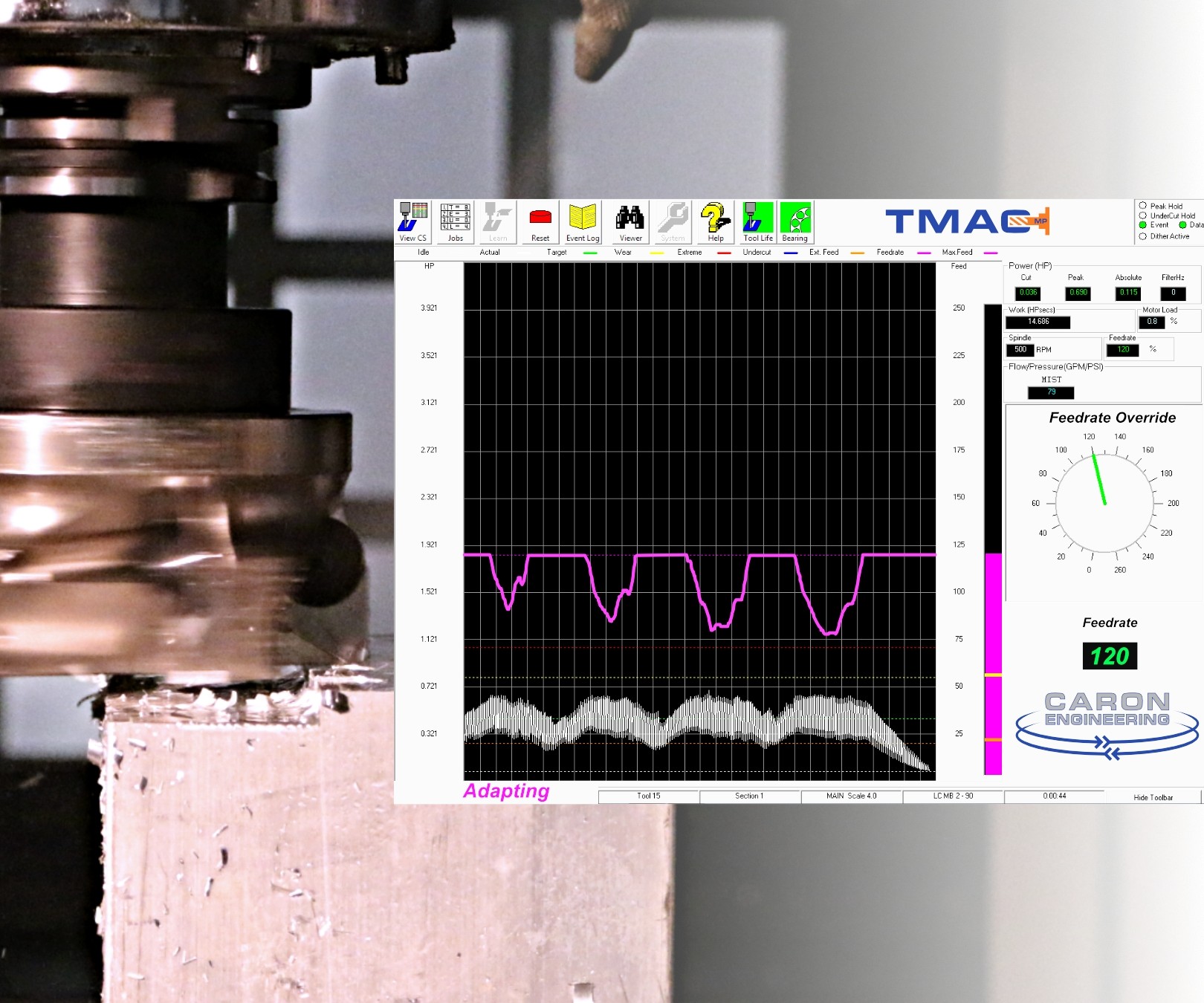 El TMAC MP de Caron Engineering es, ante todo y principalmente, un sistema de monitoreo de herramienta, con sensores instalados en la máquina y un procesador separado que muestra datos del husillo y la herramienta.