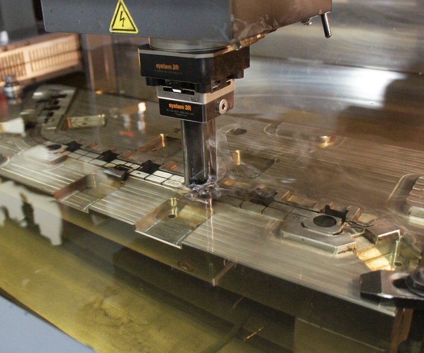 Like other mold manufacturers, Precise Tooling Solutions uses sinker-type electronic discharge machines (EDM) to finish features deemed too difficult to mill. 