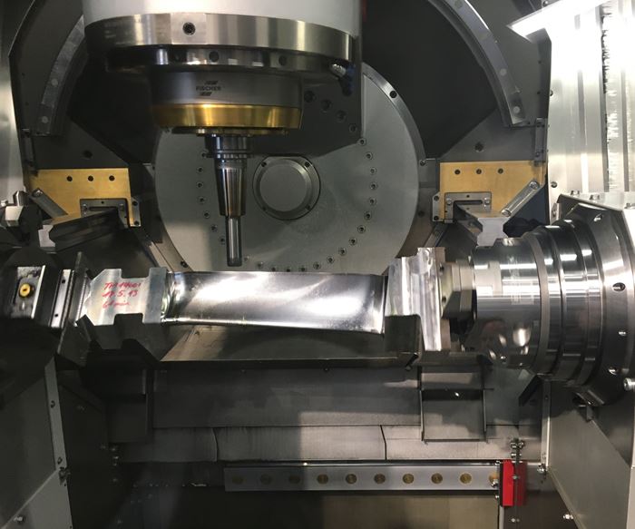 GF Machining Solutions' Liechti Turbomill 1400G machines a turbine blade from solid billet. 