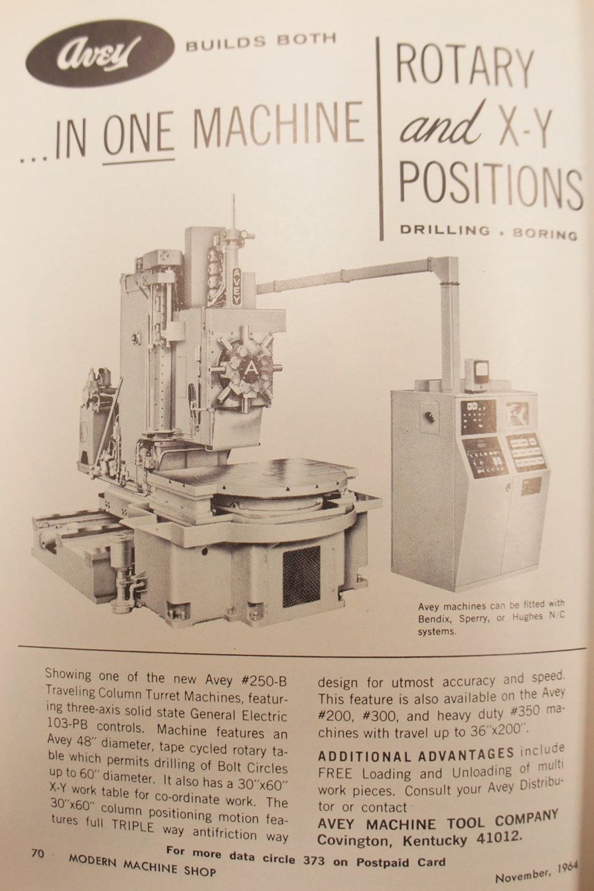 An ad from the November, 1964 issue of Modern Machine Shop depicts an NC-controlled machine.