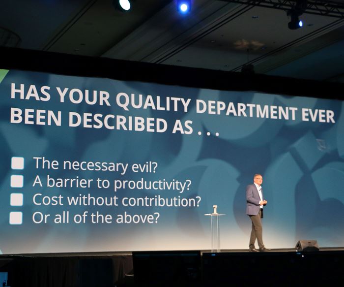 Norbert Hanke, president of Hexagon Manufacturing Intelligence, urges manufacturers to “rethink quality” in his keynote address at HxGN Live 2018 at the Venetian Hotel in Las Vegas.