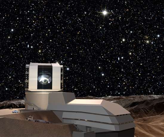 Esta representación de artista muestra el Gran Telescopio de Rastreo Sinóptico (LSST) y su instalación según se lucirá una vez se complete.