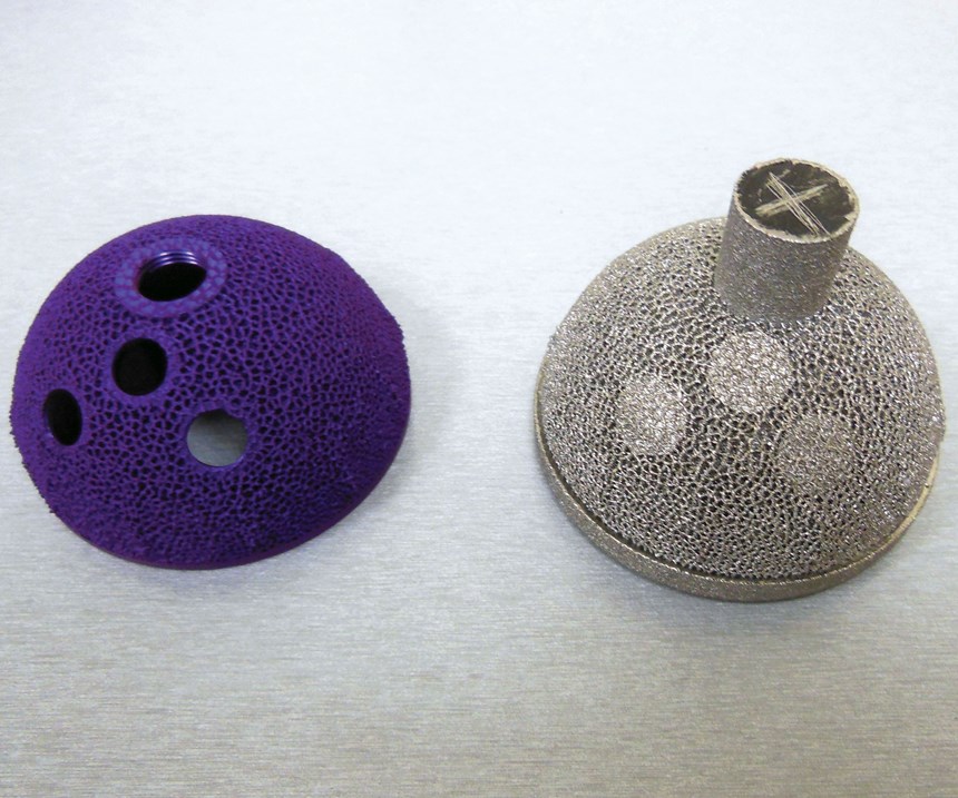 A hip cup depicted after initial additive manufacturing, and also after finish machining and anodizing.