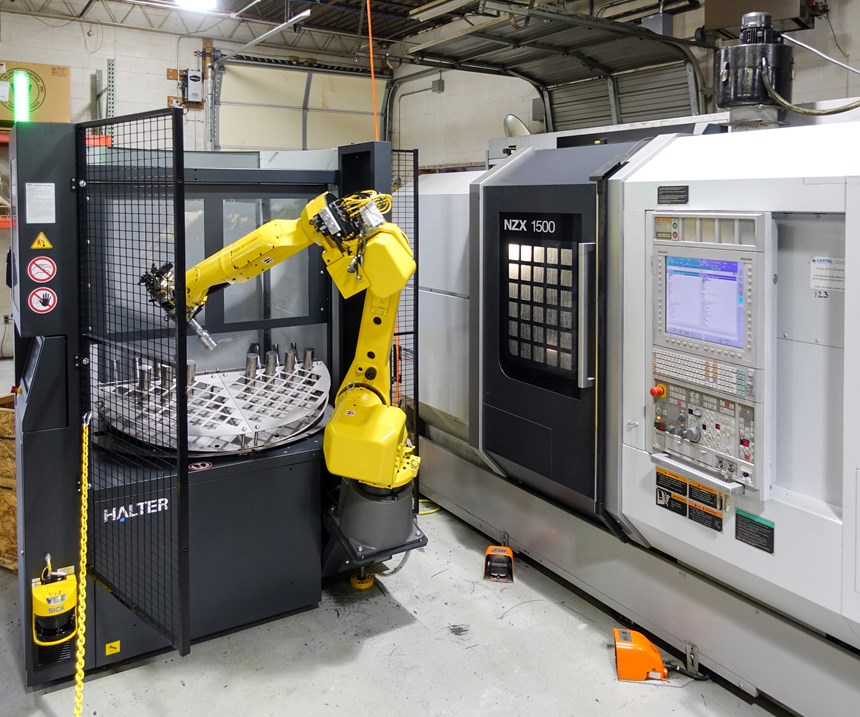 Pairing a robot arm with turntable for staging workpieces, this machine-tending automation system is designed to be easy to set up, program and move between machines.