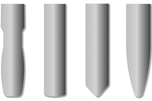 En el caso de la herramienta de lente (segunda desde la izquierda), se tiene un borde de corte de gran radio en la punta de la herramienta (ilustración cortesía del software Mastercam / CNC).