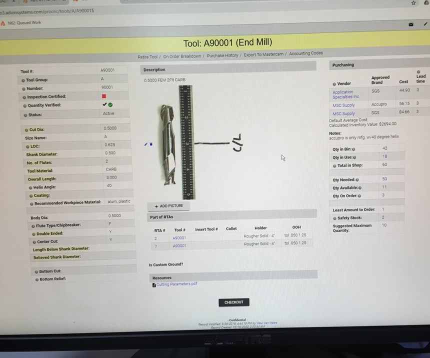 Proshop ERP screenshot displays the shop-management software's cutting tool management interface. 