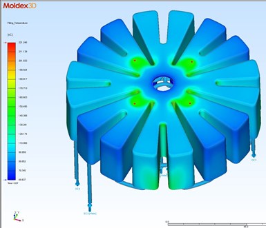 MoldEx3D shows how the conformal cooling circuit will affect the molten plastic.