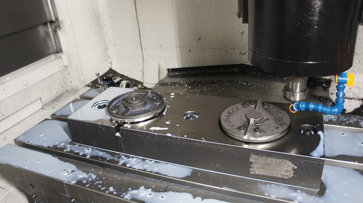 A shredder blade, resembling a plate and cast from high-nickel iron (NiHard), is a critical component of commercial garbage disposals from Insinkerator. This example is being machined at Ace Stamping & Machine Co., a high-volume metal stamper in Racine, Wisconsin. 