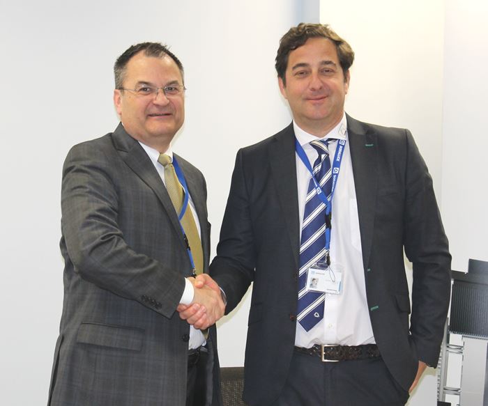 Rafael Idigoras, Managing Director of Soraluce (right) and Chris Stine, Exec. Vice President of Morris Group