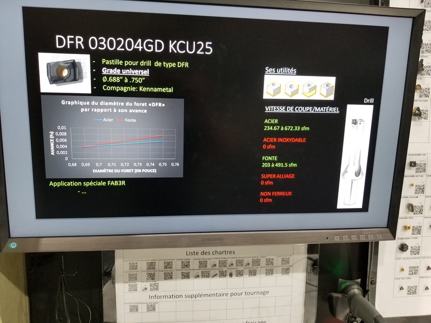 screen showing cutting tool information