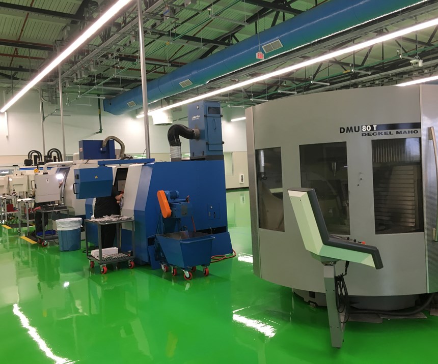 A line of machining centers, including a DMG Mori DMU 80 T, is used to machine tool bodies at Tool-Flo's new indexable cutting tool manufacturing plant in Houston.