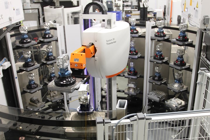 APE’s new five-axis machining cell contains four machines serviced by central robot.  