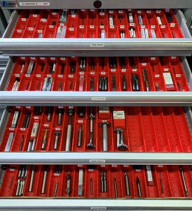 A drawer in the new tool crib at Marzilli Machine Co. appears to be organized at random, but the locations of all items are tracked by ProShop ERP. 