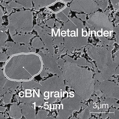 A microscope photo depices the structure of a typical CBN machining insert. 