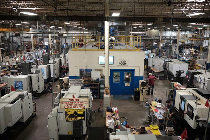 An overhead shot of the shop floor at Rimeco Products reveals rows of Haas machine tools. 