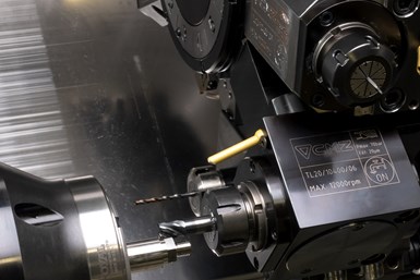 A shot of the workzone of Prosper-Tech’s live-tool lathe reveals a tool turret loaded with milling cutters. 