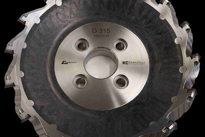 A hybrid metal-steel milling tool features inner and outer cores of steel surrounding a disc of composite material. 