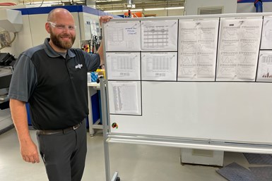 A man stands in front of a whiteboard filled with metrics at a gear manufacturing business. 